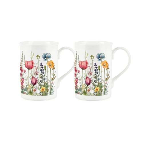 Image of Wildflower Mug Set - Floral Meadow Poppies Colourful Gift Set for Her- Bone China Mug Coffee/Tea Drinkware Present Pack of 2