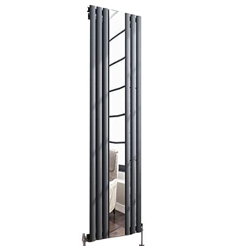 Image of iBathUK Strata Wall-Mounted Vertical Single Panel Mirrored Radiator, Steel High Thermal Output Hydronic Central Heating, Mirror Centred Column Designer Radiator in Matt Anthracite, 1800 × 508mm
