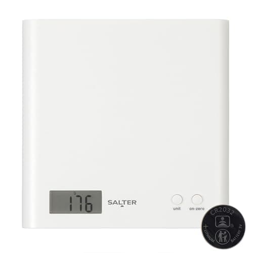 Image of Salter Digital Kitchen Scale - 3kg Capacity, Battery Included, High Precision, Accurate Food Weighing, Easy Read Display, Add & Weigh, Zero Function, Slim Design, Wipe Clean, White, 15 Year Guarantee