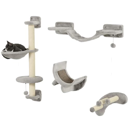 Image of PawHut 4 Piece Cat Shelves, Cat Wall Furniture with Hammock, Scratching Posts, Soft Ladder, Steps, Jump Platforms, for Indoor Kittens - Grey