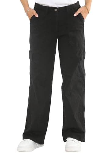 Image of MYT Womens Cargo Trousers Wide Leg High Waist Utility Combat Chino Pants Casual Work Bottoms Outdoor Streetwear Black 12 Regular