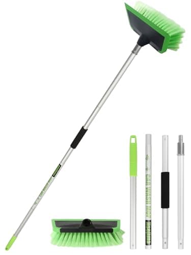Image of 2 in 1 Car Wash Brush with Squeegee PBT Soft Bristle Truck Scrub Detail Brush 60” 151cm with Adjustable Long Handle for Interior Exterior Car Truck RV Boat Deck House Siding Cleaning Sweep Snow