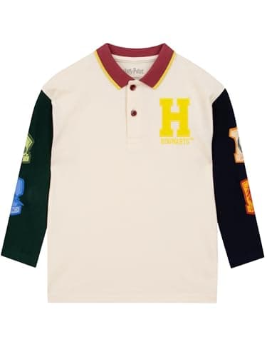 Image of Harry Potter T Shirt, Hogwarts Boys Polo Shirt, Long Sleeve Kids Tshirt, Cream 9-10 Years
