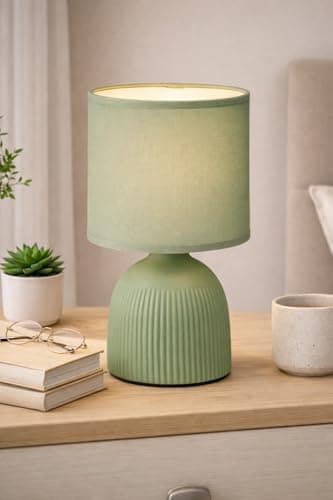 Image of Mini Ribbed Bedside Lamp,Modern Table Light with Textured Ribbed Base, Small Nightstand Lamp for Bedroom, Desk, Shelf or Living Room Décor-A61 (Green)