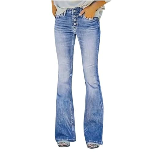Image of KUIH Womens High Waisted with Buttons Jeans 2025, Stretch Boyfriend Flare Casual Bootcut Denim Pants with Pockets Buttons Skinny Straight Legs Joggers Lounge Tracksuit Bottoms Office Work Trousers