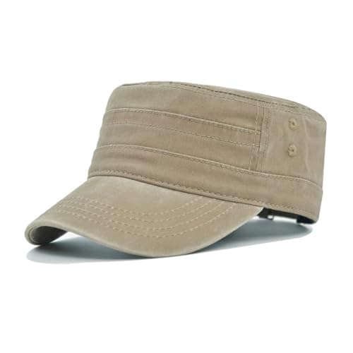 Image of TUONYIS Washed Cotton Military Caps, Classic Premium Army Cap Vintage Flat Top Cap Military Style Cadet Army Caps Cadet Baseball Cap(UK, Alpha, One Size, Beige)