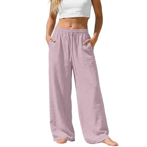 Image of Generisch Women's Linen Trousers, Long Palazzo Trousers, Plain Comfortable Linen Trousers, Lightweight Casual Trousers, Summer High Waist, Drag Design with Pockets, Jogging Bottoms, Beach Trousers