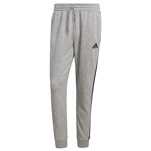 Image of adidas Men's Essentials 3-Stripes Fleece Tapered Cuff Pants, Medium Grey Heather/Black, Medium