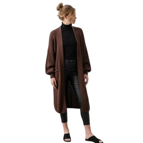 Image of HUBIBUBI Ladies Oversized Long Cardigan Balloon Sleeve Chunky Ribbed Open Knitted Maxi Jumper Ladies Maxi Knitted Puff Sleeve 2 Pocket Cardigan Boyfriend Sweater Top UK Size 8-22 Brown