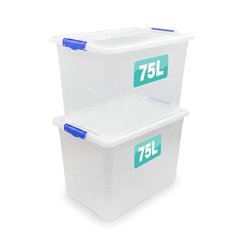 Image of Optimal Products 2 x Storage Boxes With Clip Lock Lids 75 Litre Sturdy Heavy Duty Clear Stackable Lockable Multipurpose Plastic Storage Box Indoor/Outdoor Containers Home,Office,Kitchen,Garage