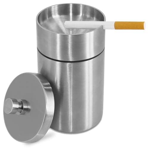 Image of HONZUEN Ashtray, Stainless Steel Ashtrays with Lids Windproof Rainproof Automatically Extinguished Ash Trays, Thickened Ashtray Outdoor for Cigarettes, Ash Holder for Smokers Garden Bar Car, Silver