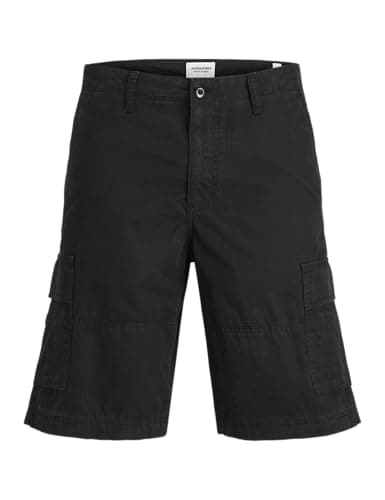 Image of JACK & JONES Mens Cargo Shorts, Summer Casual Cotton China Combat Half Pants for Men UK, Black Colour, Size - L