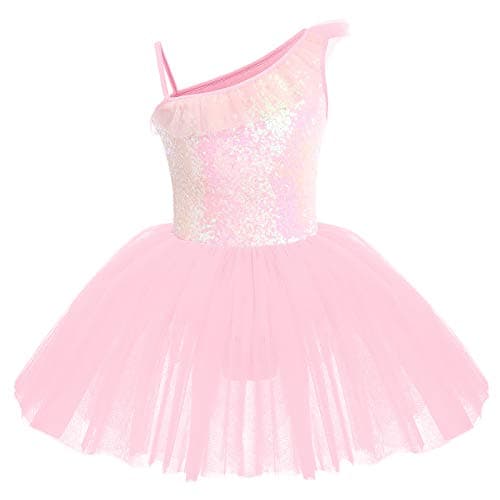 Image of IWEMEK Little Big Girls Sequins Leotard Tutu Ballet Dress Sleeveless Ruffled One Shoulder Gymnastics One Piece Kids Dancewear Camisole Skirt Skating Ballerina Performance Costume Pink 7-8 Years