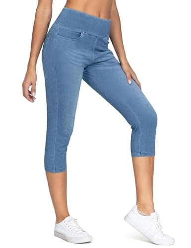 Image of THE GYM PEOPLE Women's High Waisted Capri Jeggings Tummy Control Stretchy Pull on Jean Leggings with Pockets Denim Blue