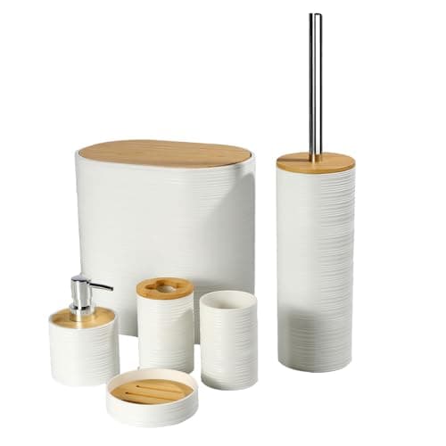 Image of JETAINE Bathroom Accessories Set 6 Pieces, Bamboo Bathroom set Accessory, Luxury Toilet Accessories set w/Trash Can, Toilet Brush, Soap Dispenser, Toothbrush Holder, white