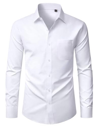 Image of Alimens & Gentle White Shirt Men Dress Long Sleeve Slim Fit Stretch Formal Casual Button Down Shirts with Pocket M
