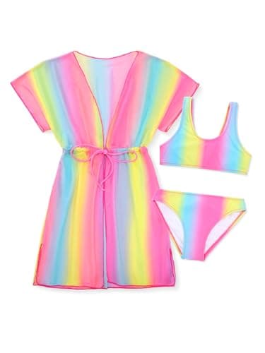 Image of SERENYOU Girls Swimming Costume 3 Pieces Bikini Sets with Adjustable Cover ups 7-8 Years Rainbow