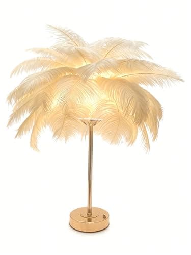 Image of Creative Camel Ostrich Feather Table Lamp Bedside Lamp Light Luxury and Elegant Lampshade Night Light Table Lighting for Living Room Bedroom Home Decoration, Plug-in