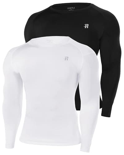 Image of Runhit 2 Pack Mens Long Sleeve Compression Top, Crew Neck Sports Base Layer Shirts UPF 50+ UV, Quick Dry Men's Undershirt for Motorcycle Rugby, Black+White S