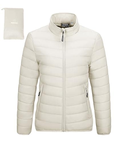 Image of Outdoor Ventures Womens Winter Lightweight Jacket Warm Short Packable Puffer Jacket Transitional Padded Jacket Quilted Jacket for Ladies Lined for Hiking Travel, Beige S