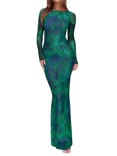 Image of REORIA Women's Fall Mesh Sheer Long Sleeve Wedding Guest Dress Sexy Floral Bodycon Maxi Long Dresses Green Bio Tech Floral Medium