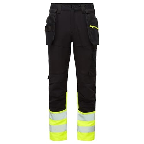 Image of Portwest DX457 DX4 Hi Vis Class 1 Detachable Holster Pocket Craft Work Trousers Four Way Stretch Fabric Knee Pad Pockets Triple Stitched Seams Certified EN ISO 20471, Yellow/Black, 42