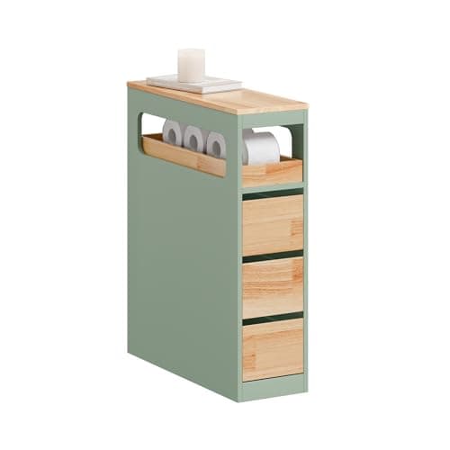 Image of SoBuy Slim Bathroom Storage Cabinet with Wheels, 3 Drawers – Narrow Freestanding Bathroom Storage Unit in Wood, Green 65x24x82cm, BZR54-II-GR