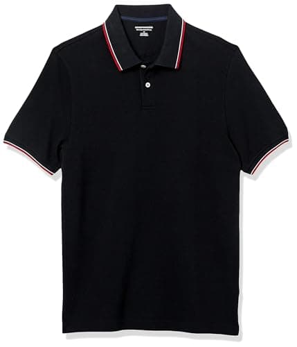 Image of Amazon Essentials Men's Slim-Fit Cotton Pique Polo Shirt, Black Thin Stripe, XS