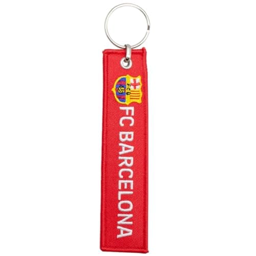 Image of FCB Official FC Barcelona Keyring – Embroidered Crest with Phrase "Més que un Club" – Sports Accessory for Barça Fans – Original Gift for Fans – Durable Metal Ring, red, S