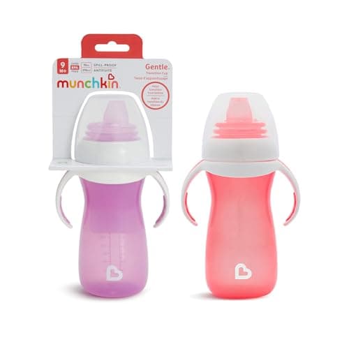 Image of Munchkin Gentle Transition Baby Bottles | Babies and Toddler Bottle with Handles and Lids| Kids Water Bottle with Spout |Non Spill | Baby Led Weaning | for 9+ Months| 2 pack | 10oz/296ml | Pink/Purple