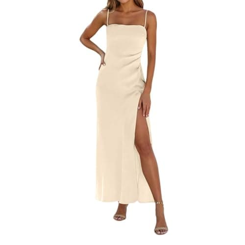 Image of 2025 2025 Satin Cowl Neck Spaghetti Strap Slip Maxi Dress for Women Tie Strap Formal Wedding Guest Dresses with Slit Tan Short Dresses for Women (Light Yellow, M)