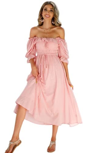 Image of R.Vivimos Women's Polka Dot Slim Half Sleeve Puff Flare Sleeve Square Neck Tie Long Midi Dress(Medium,Pink#2)