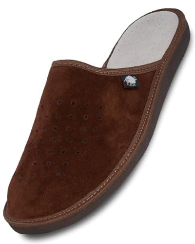 Image of FOOTHUGS Men's Slippers Memory Foam Plantar Fasciitis Orthotic Leather Mens Mule Slippers | Arch Support Slippers For Men | Regular Fit (9UK/43EU, Dark Brown)
