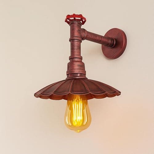 Image of LEDSone Industrial Vintage Water Pipe Wall Light Umbrella Metal Shade Rustic Red Wall lamp E27 Creative Steampunk Wall Sconce for Bedroom, Living Room, Farmhouse, Bar, Café Décor
