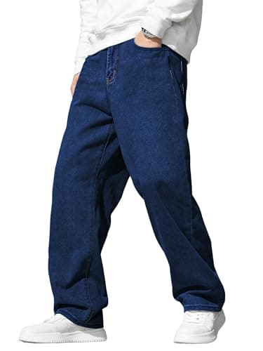 Image of JMIERR Men's Jeans Baggy Wide Leg Jeans Skater Hip Hop Denim Pants Y2K Vintage Loose Fit Streetwear,Navy Blue,S