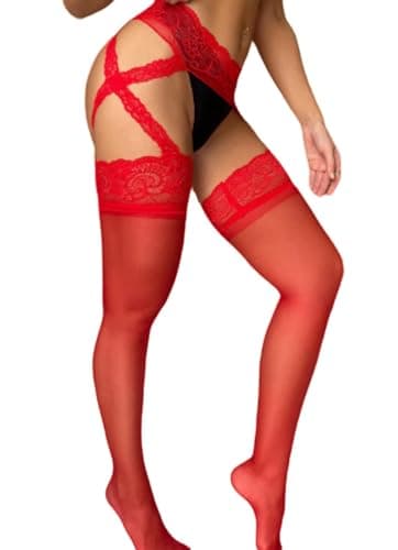 Image of MIZSPISE Women Lace Garter Belt and Stockings Set Sexy Suspender Adjustable Straps Mesh Lingerie Set Gift for Christmas Valentine (red, one size)