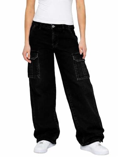 Image of 989Zé ENZO Womens Cargo Pants Wide Leg Jeans Casual Cotton Loose Fit Stretch Denim Baggy Trousers EL677_Jeans Black 14 S
