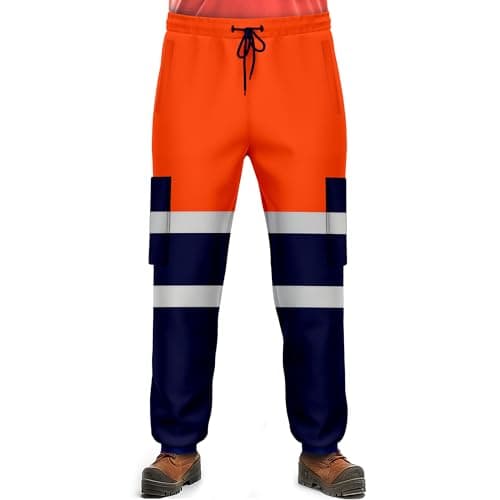 Image of NOROZE Mens Hi Vis Trousers Work Utility & Safety Trousers with Reflective Tape |Two Tone High Visibility Jogging Bottoms, Combat Side Pocket Overtrousers, Lightweight (XL, Style 4: Neon Orange/Navy)