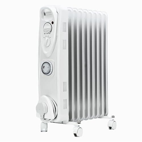 Image of STATUS 9-Fin Oil Filled Radiator 2000W, 3-Heat Settings with 24-Hour Timer and Adjustable Thermostat, Overheat & Tip-Over Protection, Easy-Roll Castors, White, Electric Heater (OFH9-2000WT1PKB)