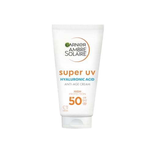 Image of Garnier Ambre Solaire Sun Cream SPF 50 Super Daily UV Anti-Age Sunscreen Moisturiser for Face, with Niacinamide & Hyaluronic Acid, Non-Sticky, Fast Absorption, High Protect UVA & UVB, 50ml