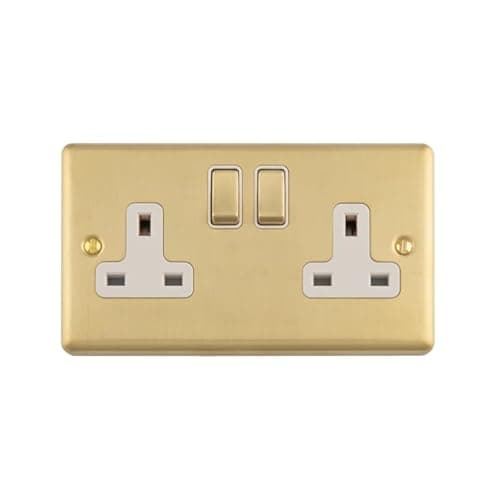 Image of Kooples Hardware Enhance Decorative Socket 1 or 2 Gang Modern Electrical Wall Outlet (Satin Brass, 2 Gang with White Trim)