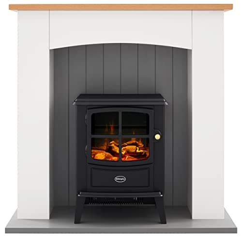 Image of Dimplex Oakmead Optiflame Electric Stove Suite, Black Stove with Logs, Fully Assembled White Surround, Grey Hearth and Wood Mantel, 2KW Heater, Choice of 1000 or 2000W Heat Settings and Remote Control