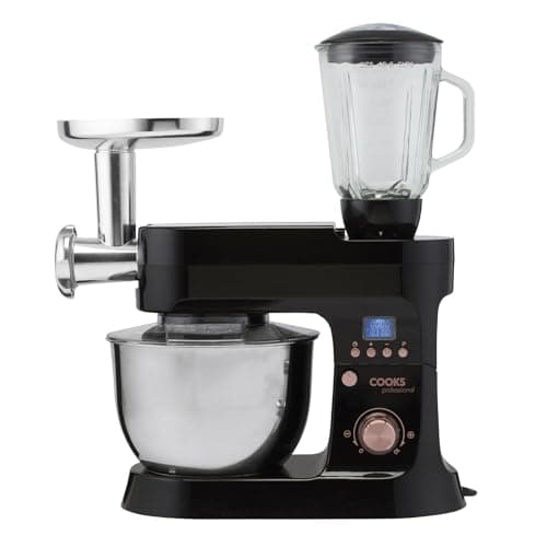 Image of Cooks Professional Stand Mixer & Mincer 1200W | Electric Food Mixer with Pulse Setting | 6.2 Litre Stainless Steel Bowl | Blending Jug, Dough Hook, Whisk, Beater & Splash Guard | Black/Rose Gold