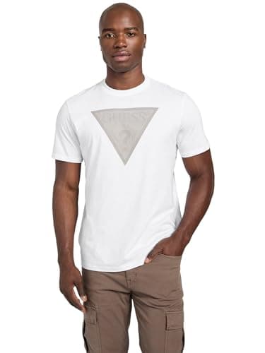 Image of GUESS Men's Eco Short Sleeve Triangle Logo Tee, Pure White, XL