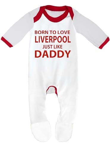Image of Cheekytots Baby Sleepsuit – Born To Love Liverpool Just Like Daddy – 100% Cotton Baby Romper (0-3 Months, White/Red Trim)