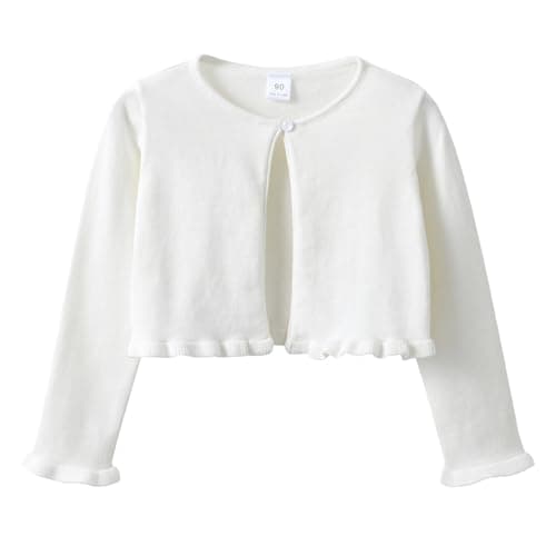Image of LYZOURBB Baby Girls Long Sleeve Knitted Bolero Cardigan Shrug Kids One Button Plain Frilly Knitwear Wedding Party Cardigan Sweatshirts for 1-13Years White