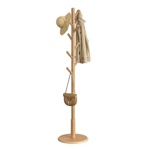 Image of VASAGLE Coat Rack, Solid Wood Coat Stand, Free Standing Hall Coat Tree with 8 Hooks for Coats, Hats, Bags, Purses, for Entryway, Hallway, Rubberwood Hooks and Pole, Natural Beige RCR009YK01