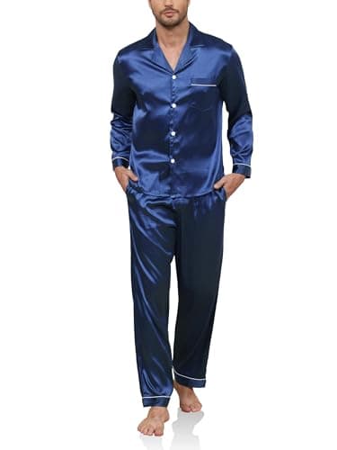 Image of Reliwel Mens Silk Pyjamas Two Pieces Pyjamas for Men Long Sleeve Button Down Sleepwear Notch Collar Loungewear Breathable Men's Nightwear Pjs Navy S