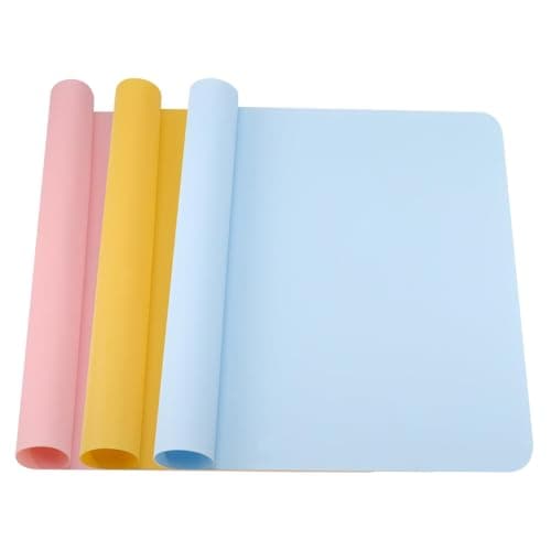 Image of Kssvzz Set of 3 Silicone Mats for Children, 40 x 30 cm, Non-Stick and Heat Resistant, Non-Slip Table Mat, for Painting and Kneading (Pink/Yellow/Blue)