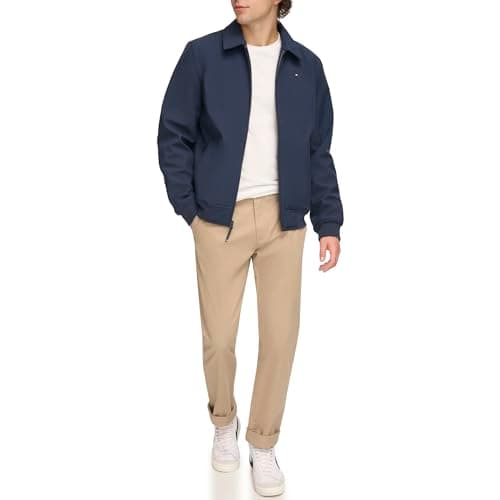 Image of Tommy Hilfiger Men's Lightweight Varsity Rib Knit Bomber Jacket, Midnight Softshell W. Laydown Collar, S
